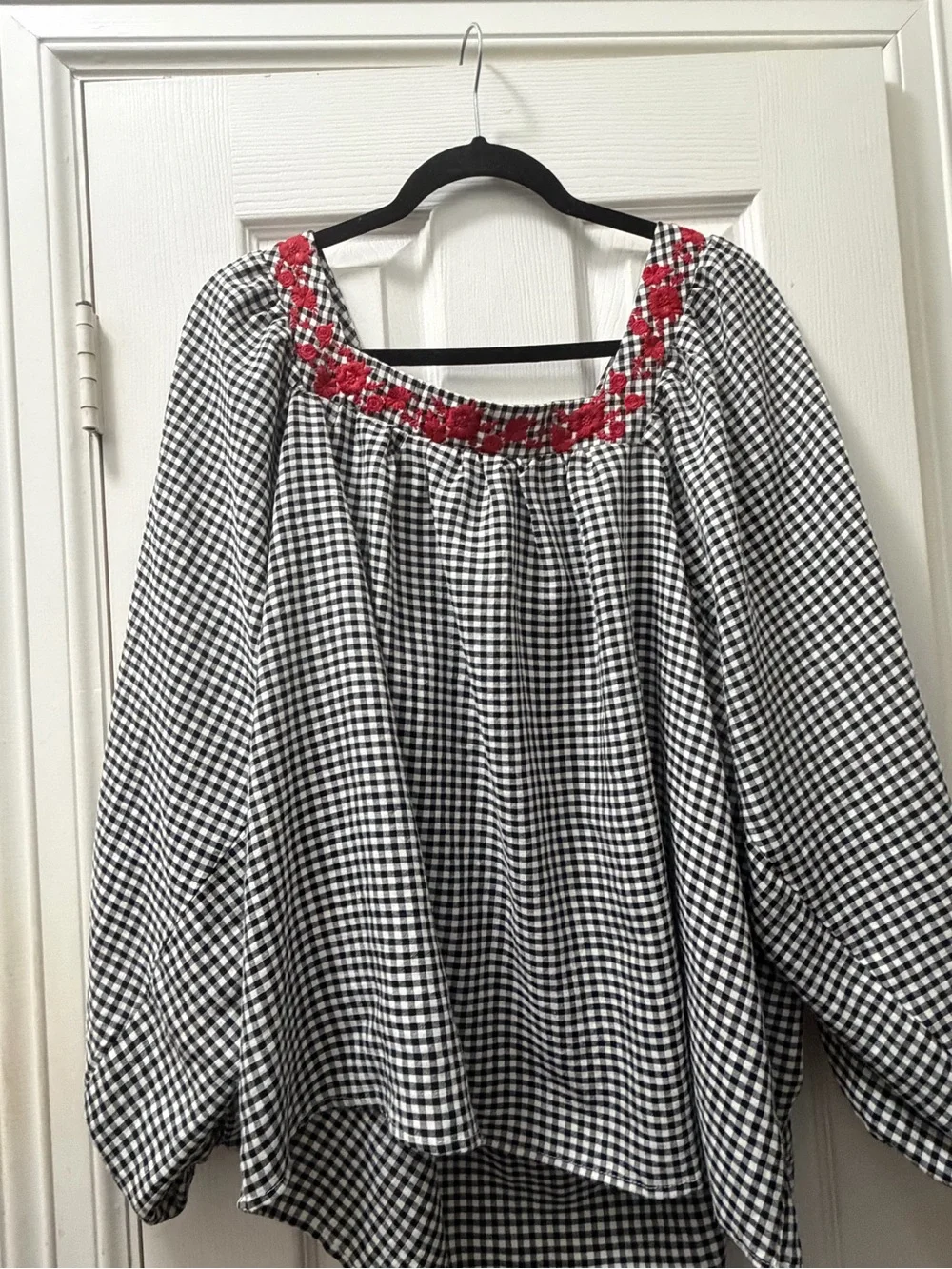 Savanna Jane Black-and-White Gingham Blouse with Red Embroidered Neckline - Picture 2 of 4